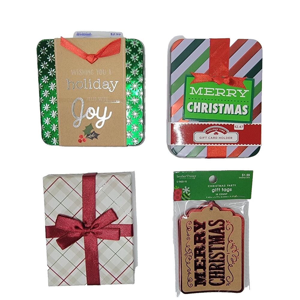 Christmas Gift Card 2 Tin Holders & 1 Cardboard (Set of 3) With 10 CT Gift Tags